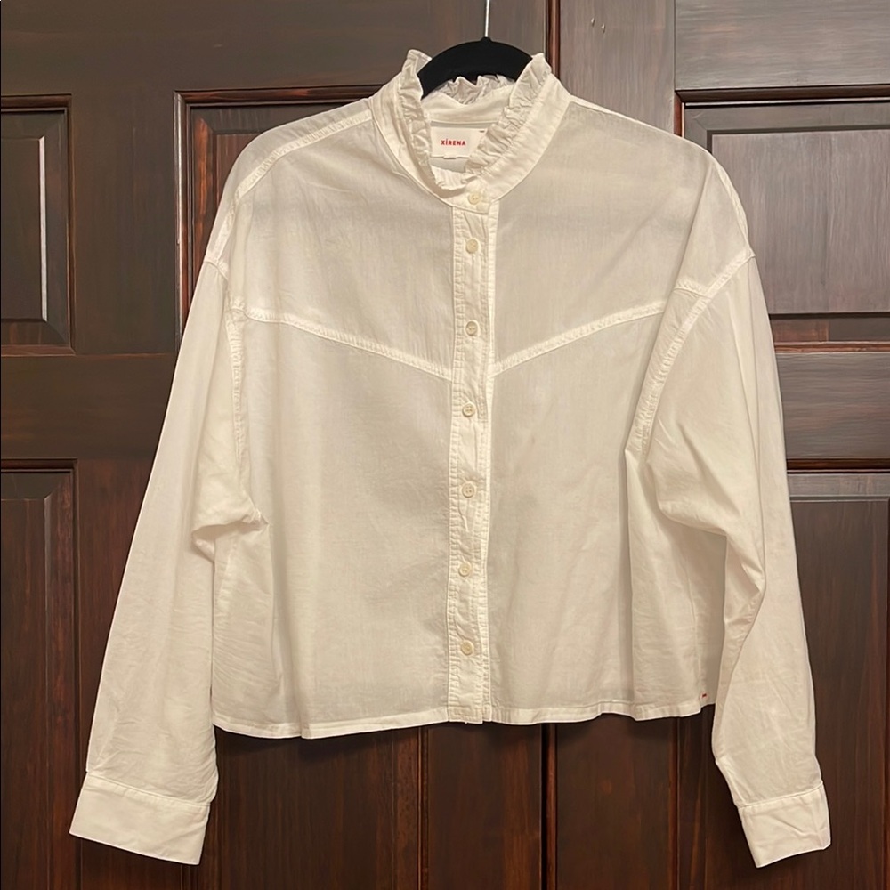 White Button-Up Shirt, long sleeved, ruffled collar, medium crop